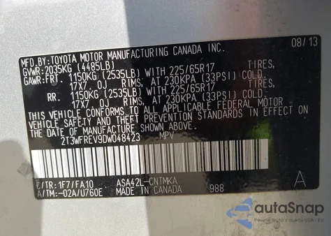 2013 Toyota Rav4 Xle z USA, uszkodzony, nr VIN 2T3WFREV9DW048423